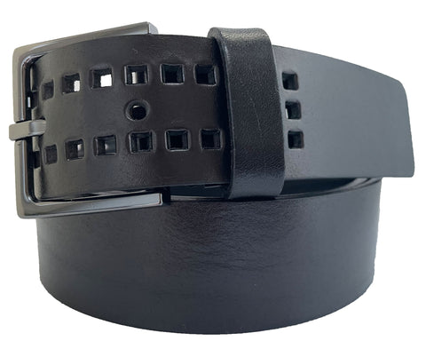 GRAINED BLACK LEATHER SQUARE DESIGN 35MM LEATHER BELT