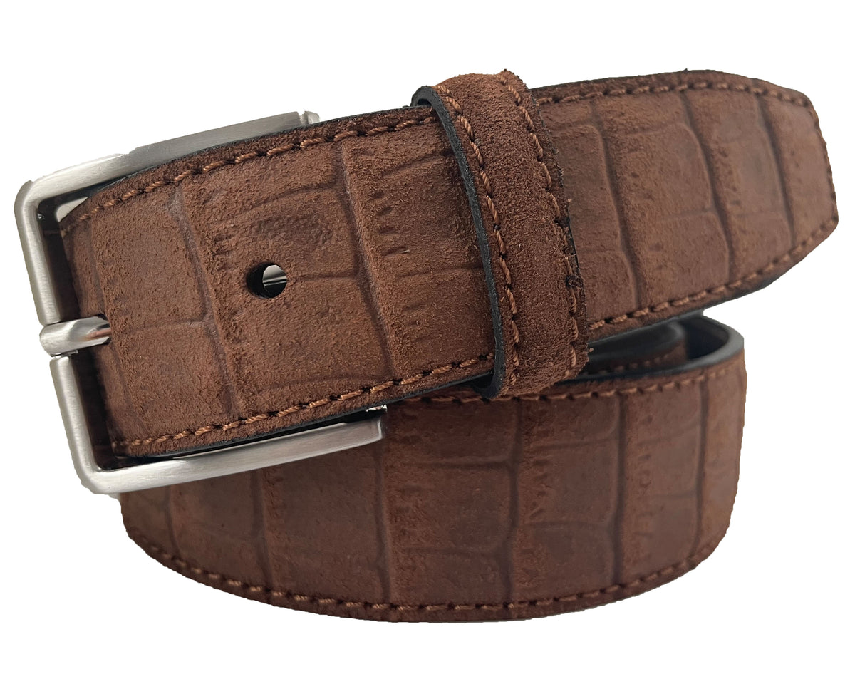Brown 35mm Italian Suede Belt Crocodile Print