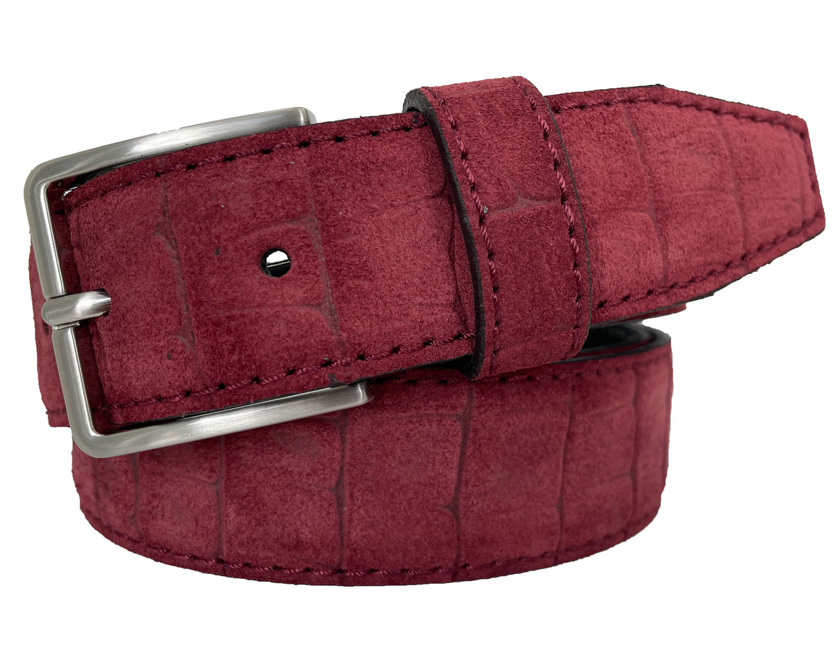 Burgundy 35mm Italian Suede Belt Crocodile Print