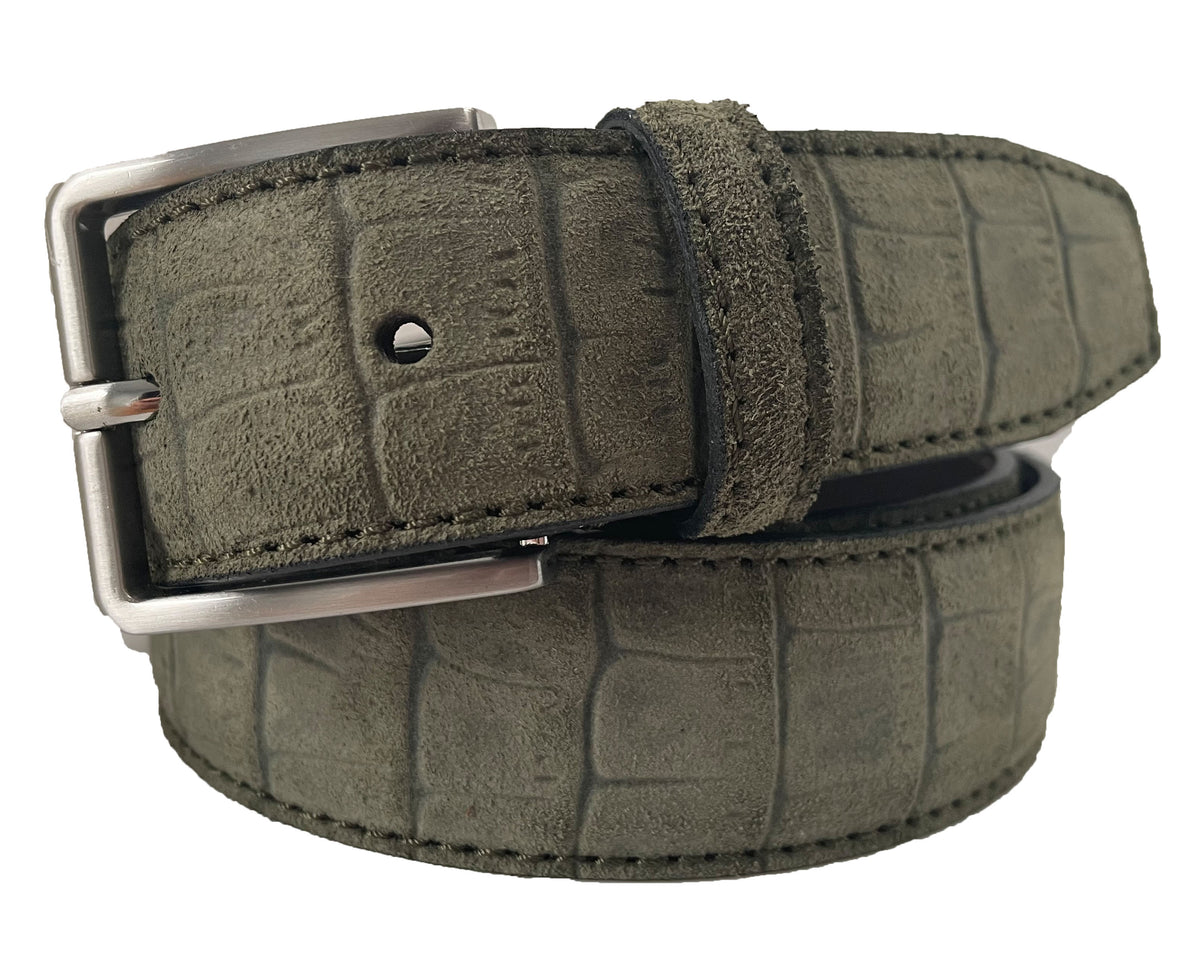 Green 35mm Italian Suede Belt Crocodile Print