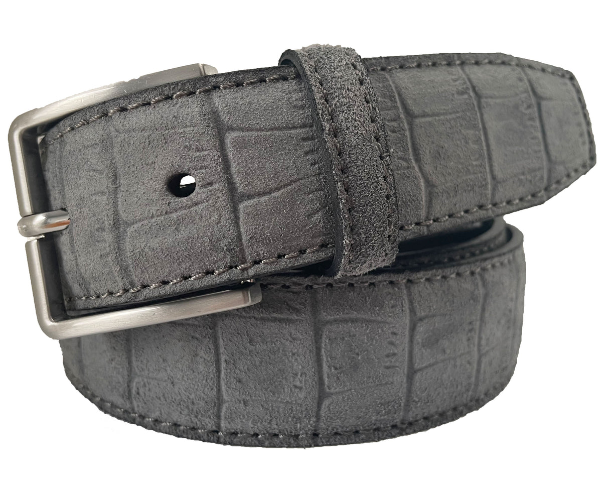 Grey 35mm Italian Suede Belt Crocodile Print