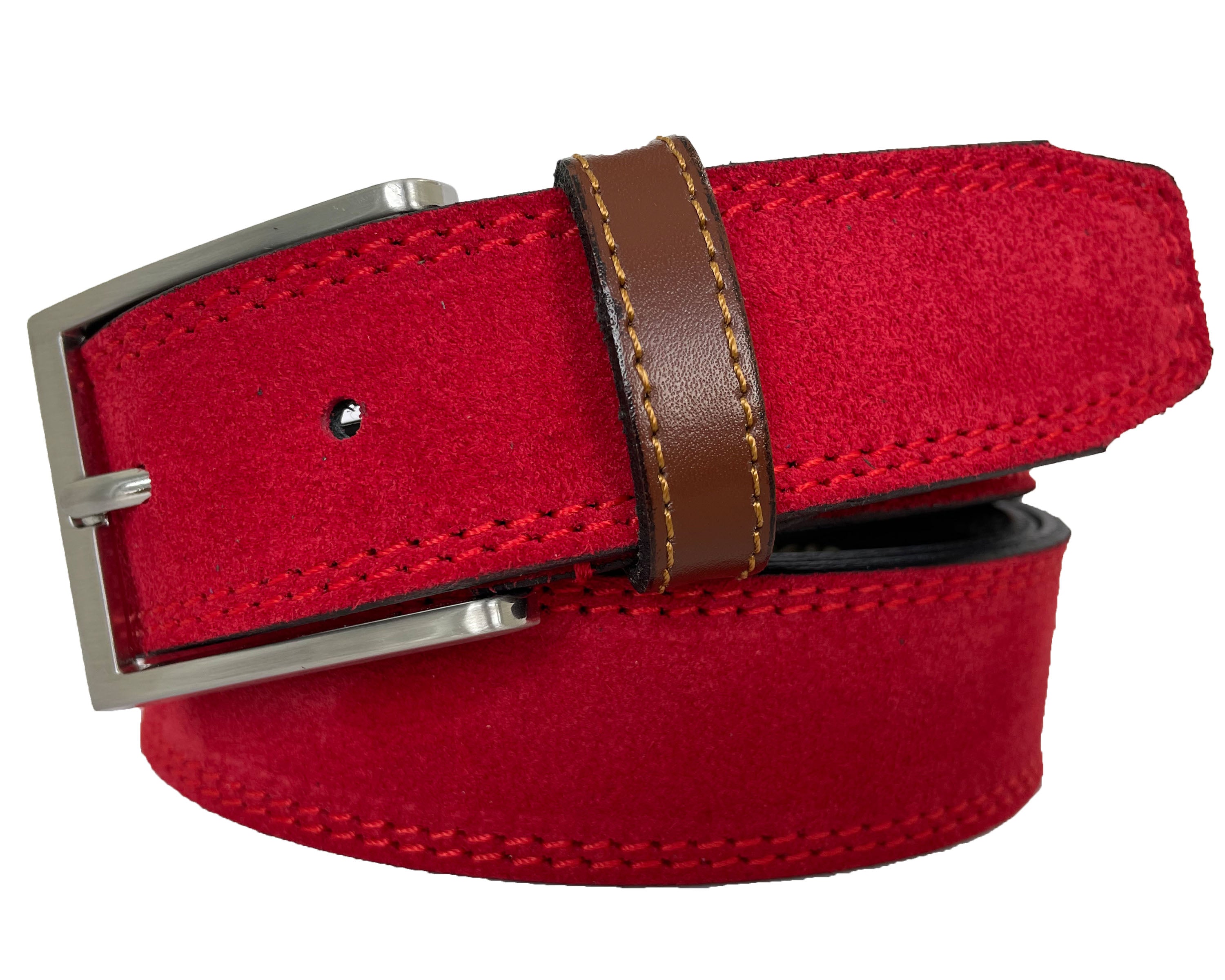 RED SUEDE BELT WITH CONTRAST TAN LEATHER LOOP 35MM