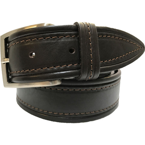BROWN POINTED TIP EMBOSSED & STITCHED STRIPE LEATHER BELT