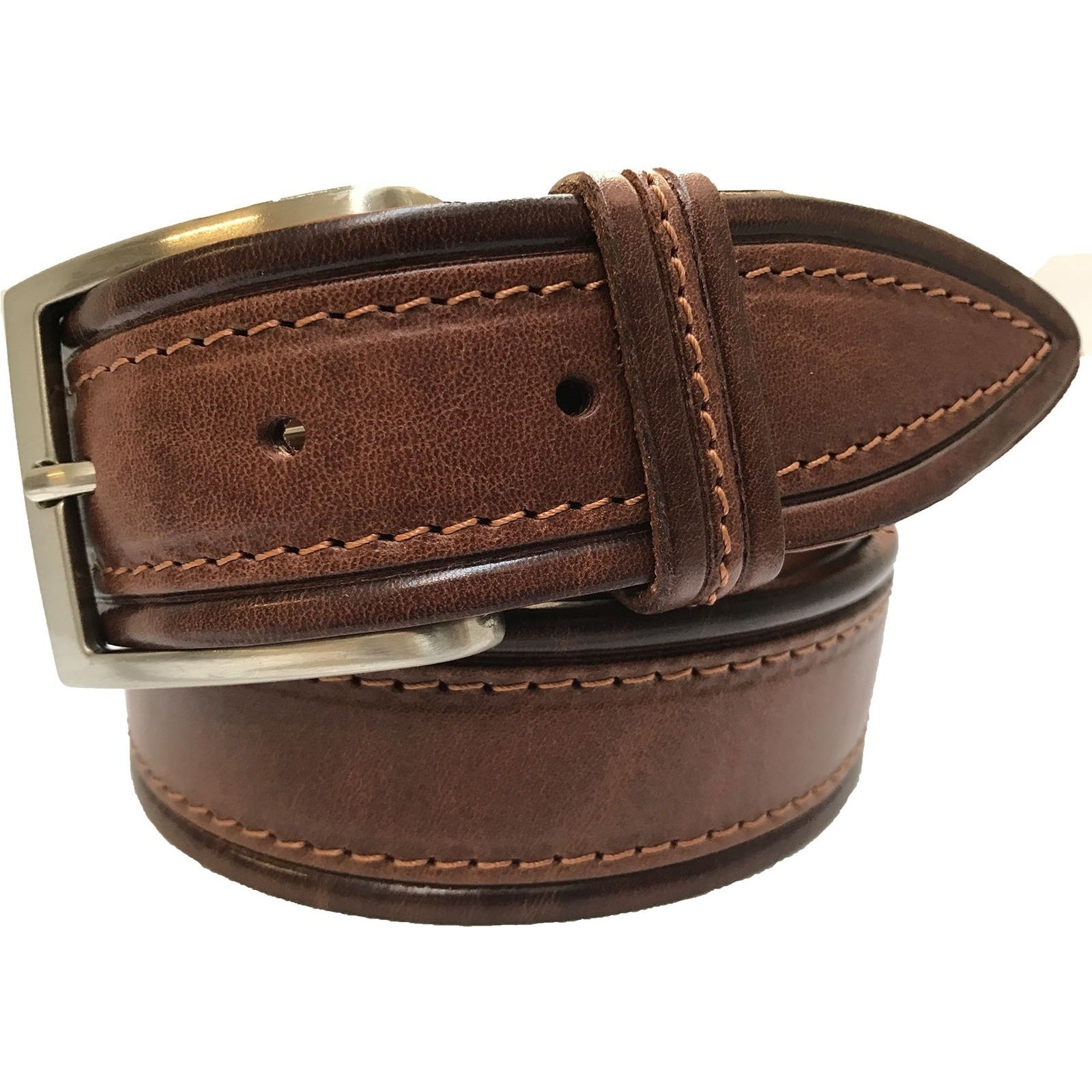 COGNAC TAN POINTED TIP EMBOSSED & STITCHED STRIPE LEATHER BELT