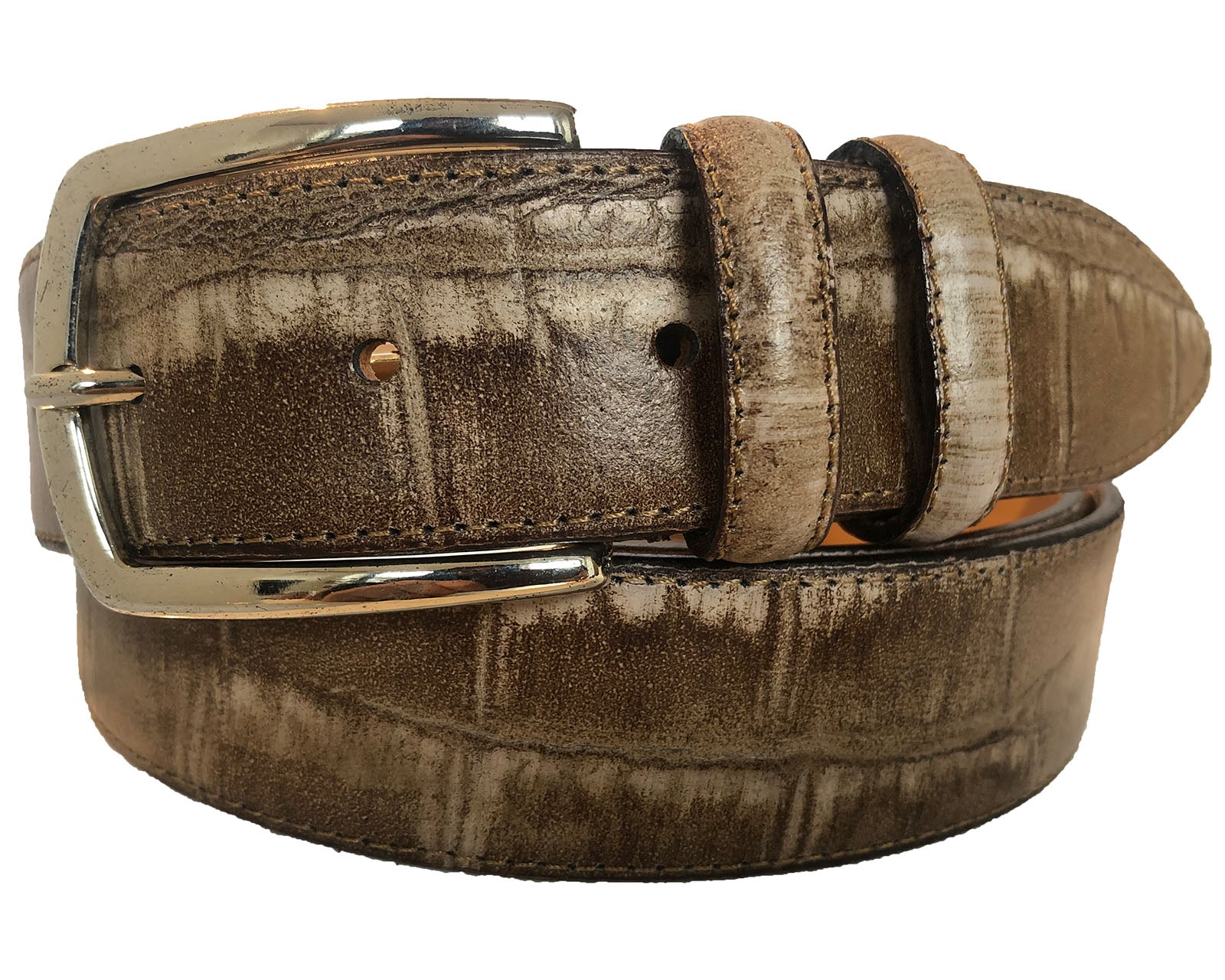 BROWN TWO TONE 35MM REPTILE PRINT LEATHER BELT