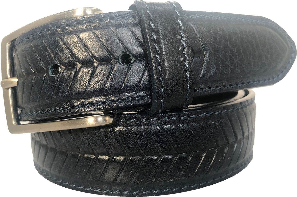 Black 35mm Italian Leather Belt Chevron Texture