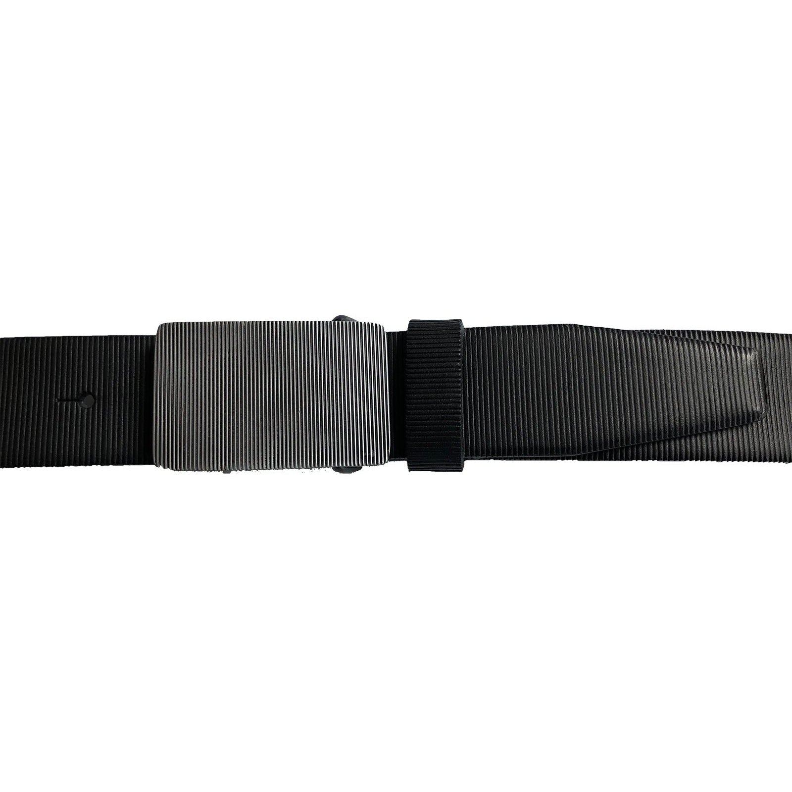 BLACK 35MM STRIPE EMBOSSED LEATHER BELT WITH A PLAQUE BUCKLE