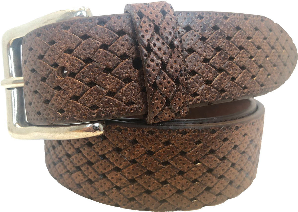 Cognac Tan 35mm Italian Leather Belt Woven Finish
