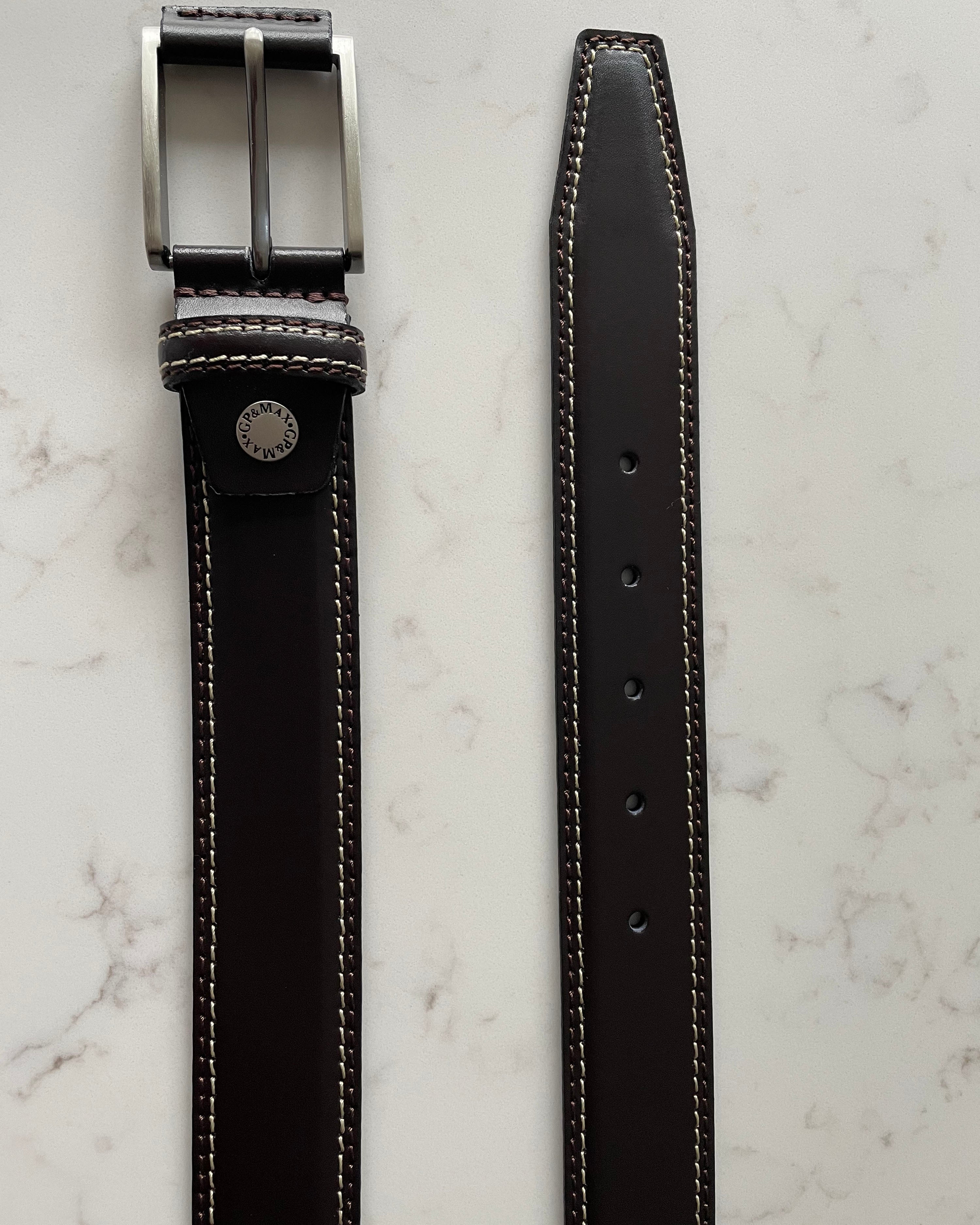 BROWN CONTRAST DOUBLE STITCHED 35MM LEATHER BELT
