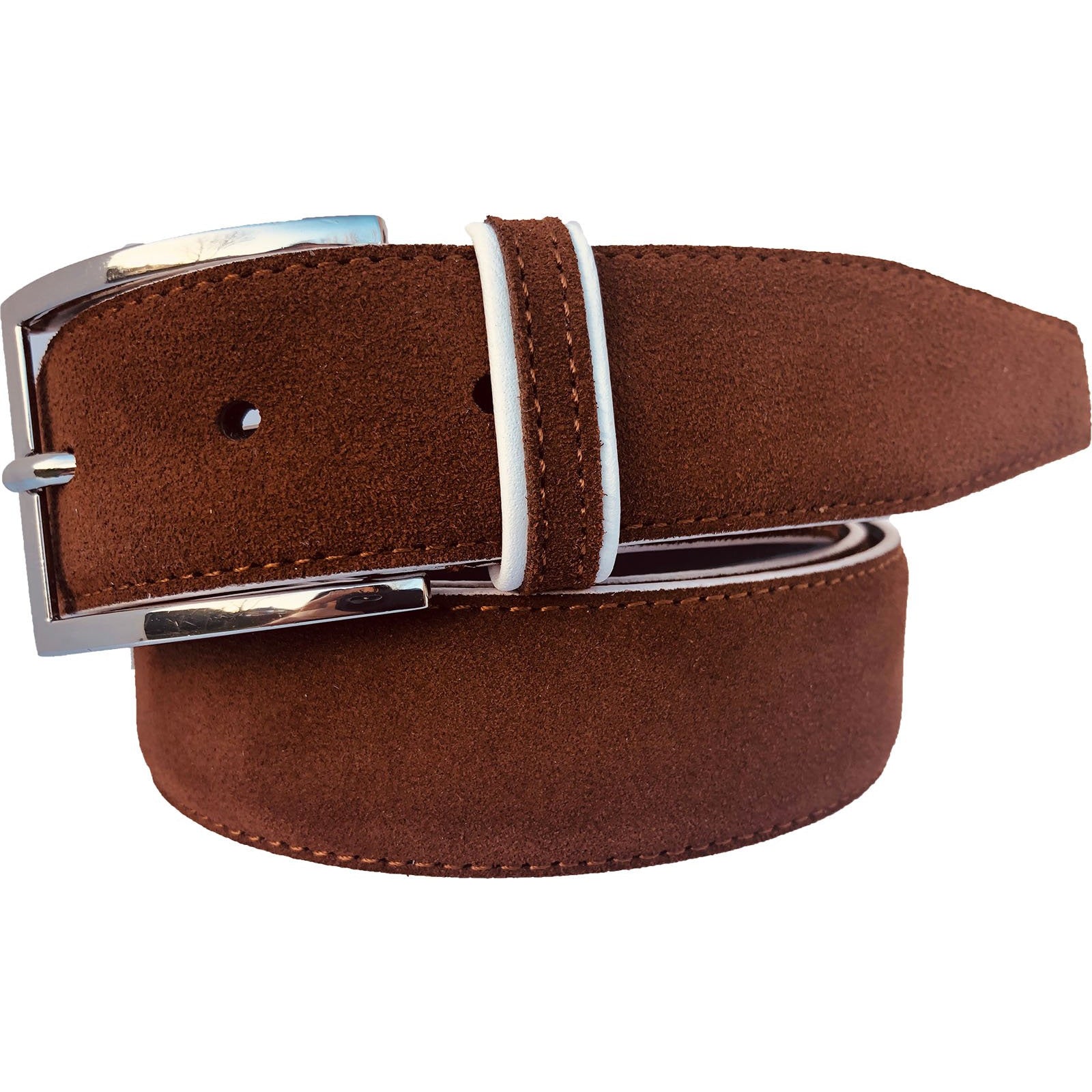 BROWN SUEDE WITH WHITE CONTRAST  35MM LEATHER BELT