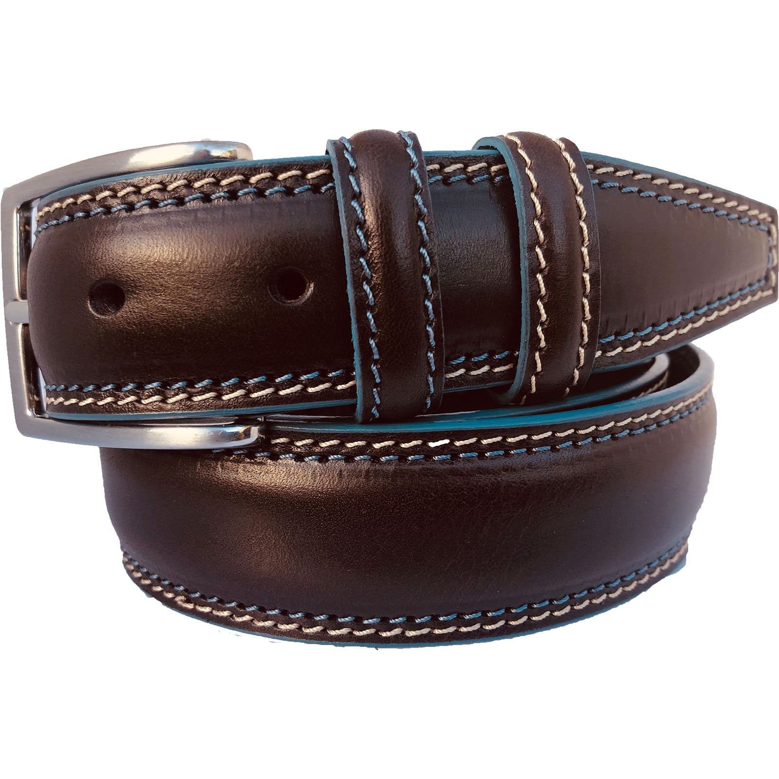 BROWN WITH BLUE CONTRAST STITCH & EDGE 35MM LEATHER BELT