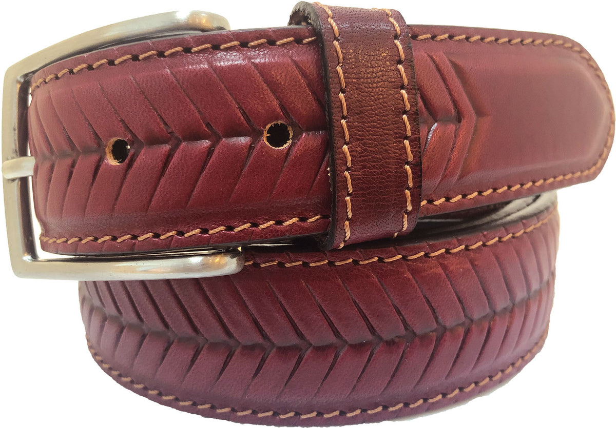 Burgundy 35mm Italian Leather Belt Chevron Texture