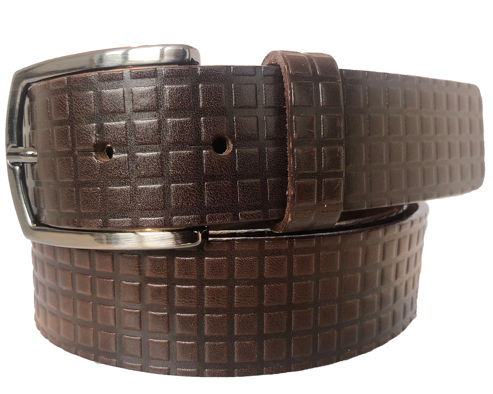 BROWN 35MM SQUARE EMBOSSED LEATHER BELT