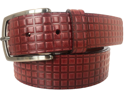 BURGUNDY 35MM SQUARE EMBOSSED LEATHER BELT