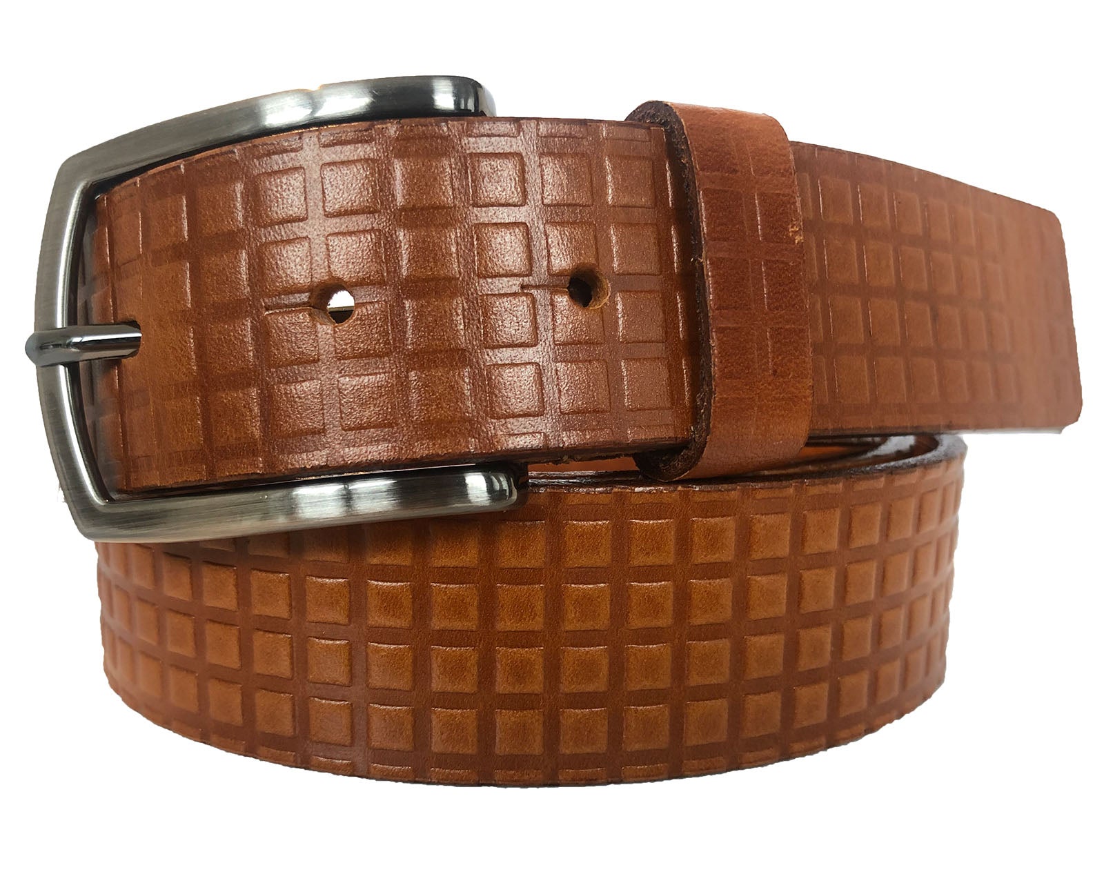 TAN 35MM SQUARE EMBOSSED LEATHER BELT