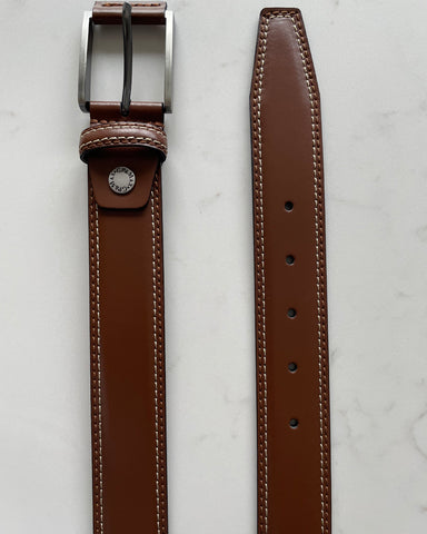 COGNAC TAN CONTRAST DOUBLE STITCHED 35MM LEATHER BELT