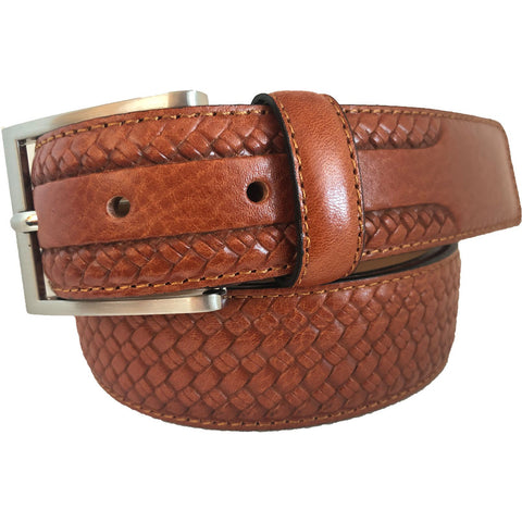 TAN CALF LEATHER WEAVED EMBOSS 35MM LEATHER BELT