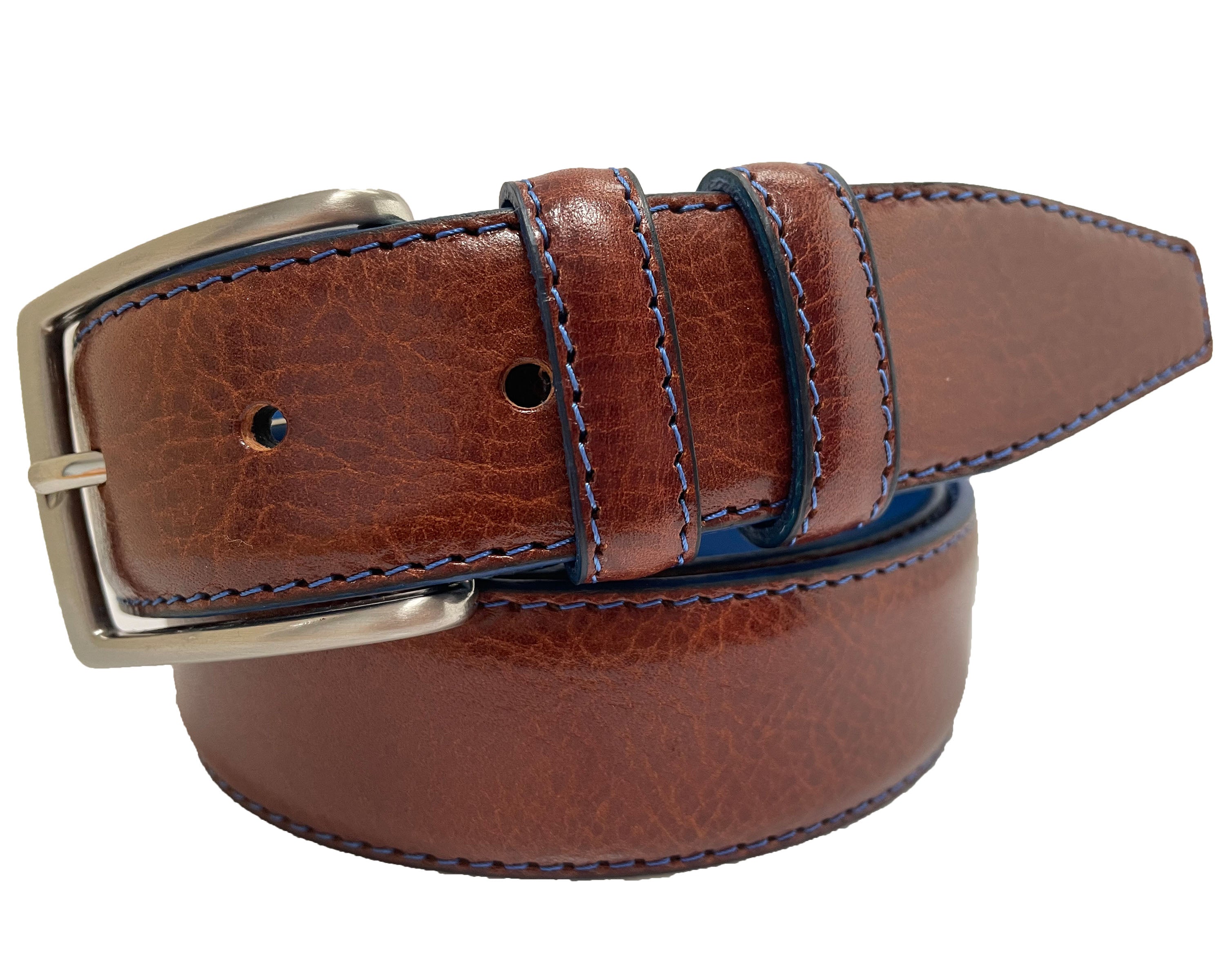 COGNAC TAN WITH BLUE CONTRAST CALF LEATHER 35MM LEATHER BELT