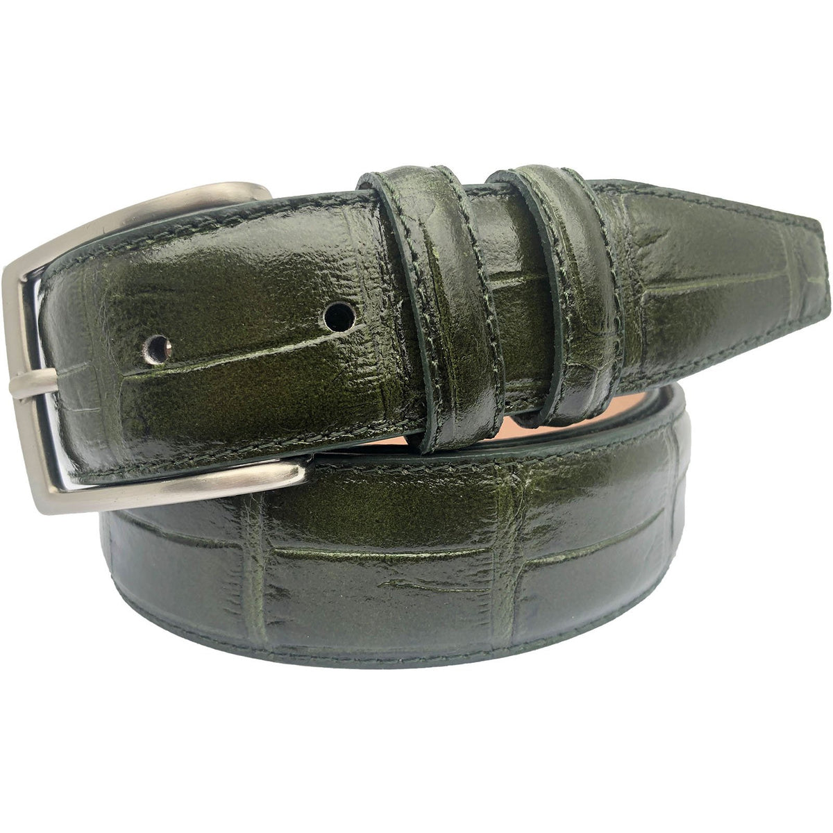 Green 35mm Italian Leather Belt Crocodile Print