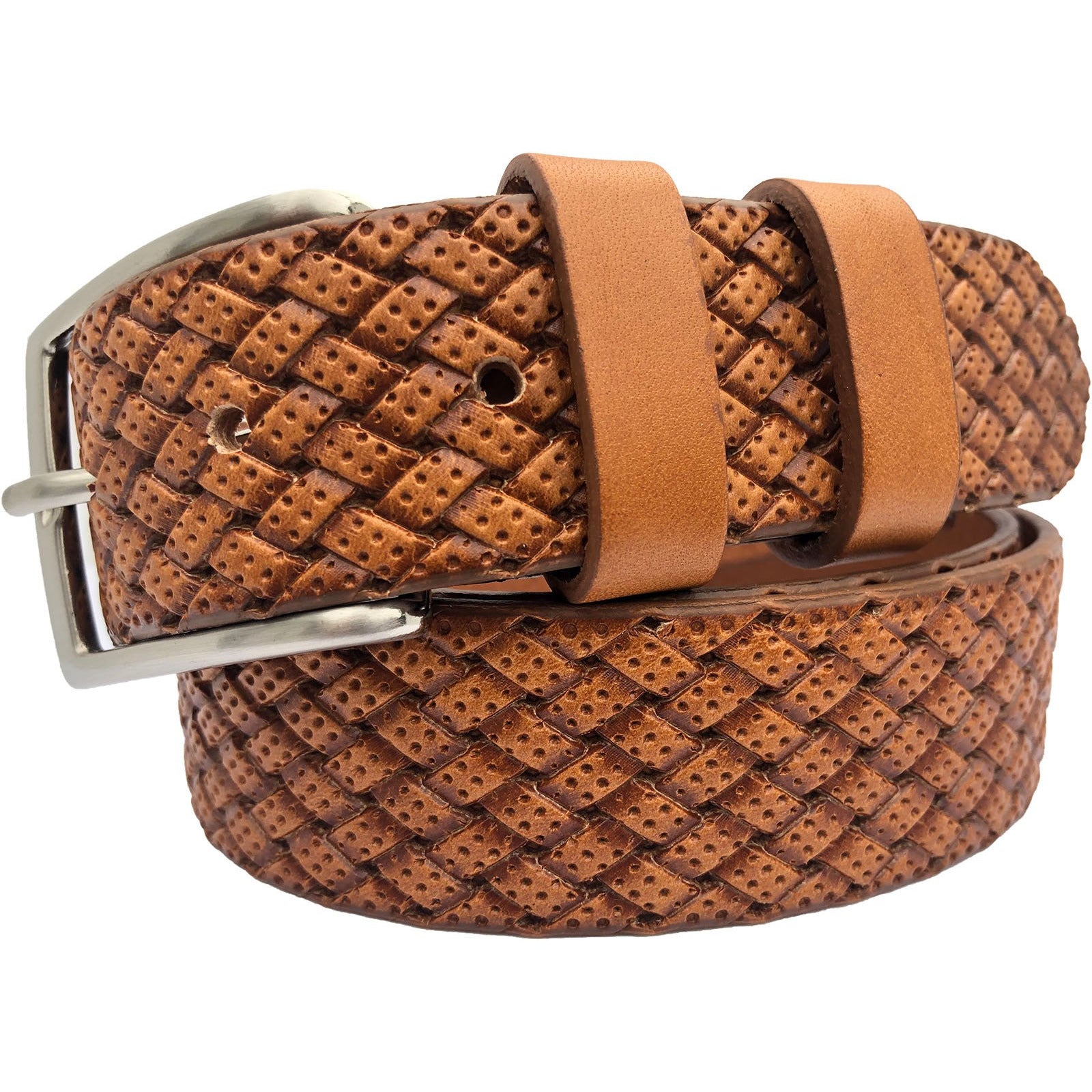 TAN DOUBLE LOOPED 35MM WEAVE EMBOSSED LEATHER BELT