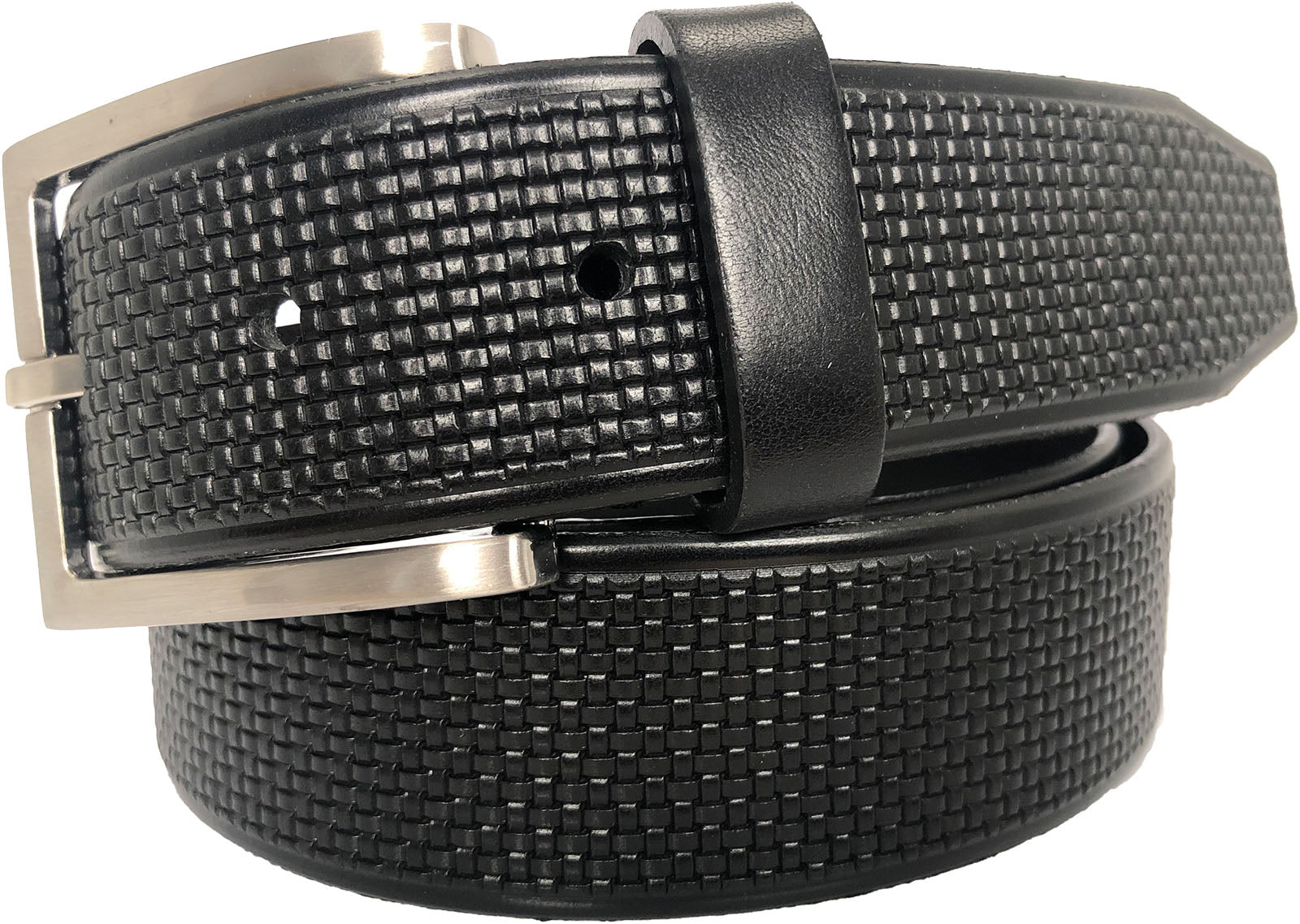 BLACK 35MM MICRO CHECK EMBOSSED LEATHER BELT