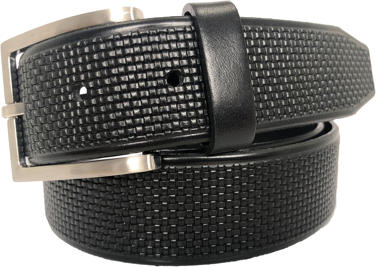 Black 35mm Italian Leather Belt Micro-Check Texture