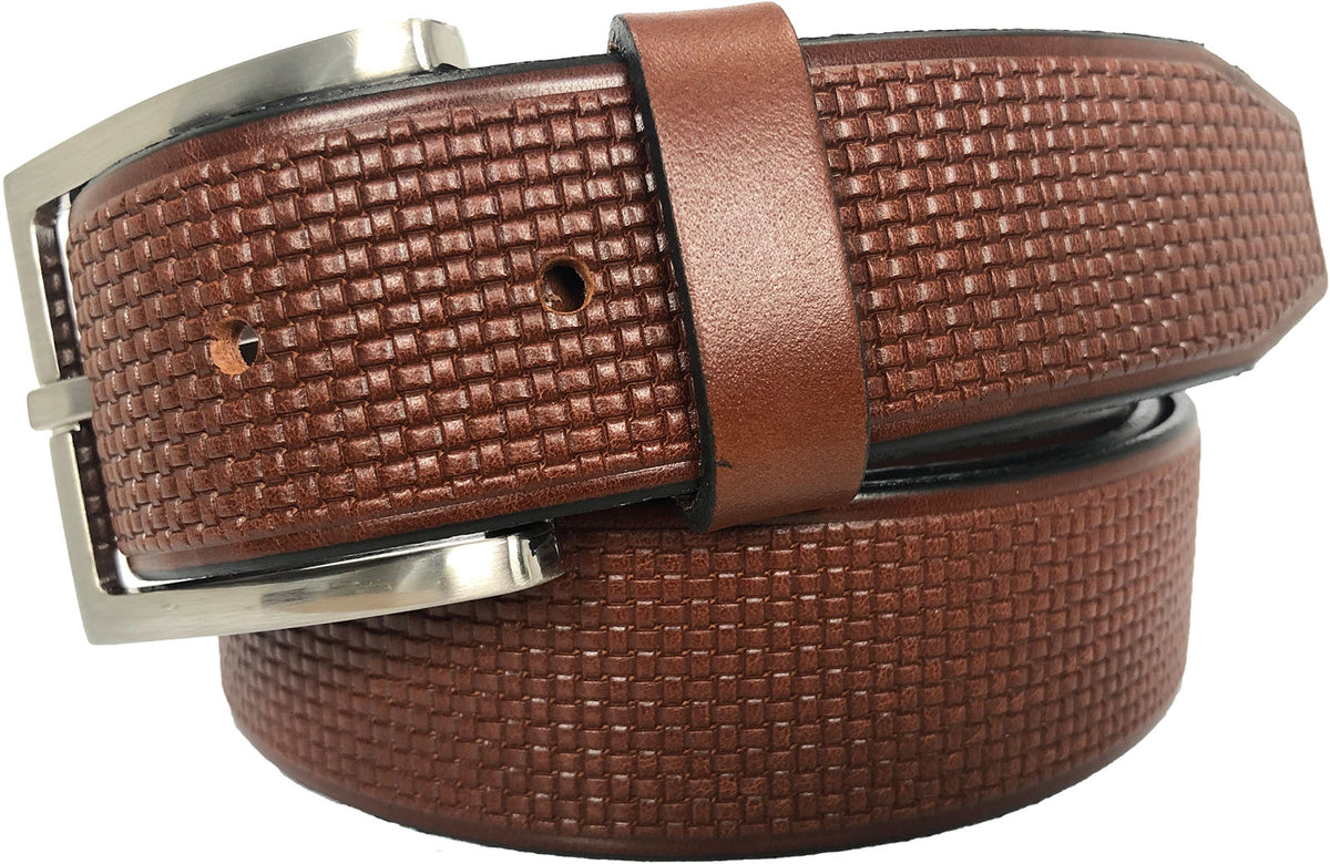 Tan 35mm Italian Leather Belt Checked Texture