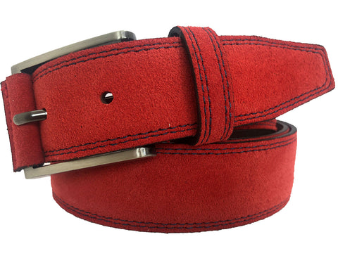 CONTRAST STITCH RED SUEDE BELT WITH BLUE STITCHING 35MM