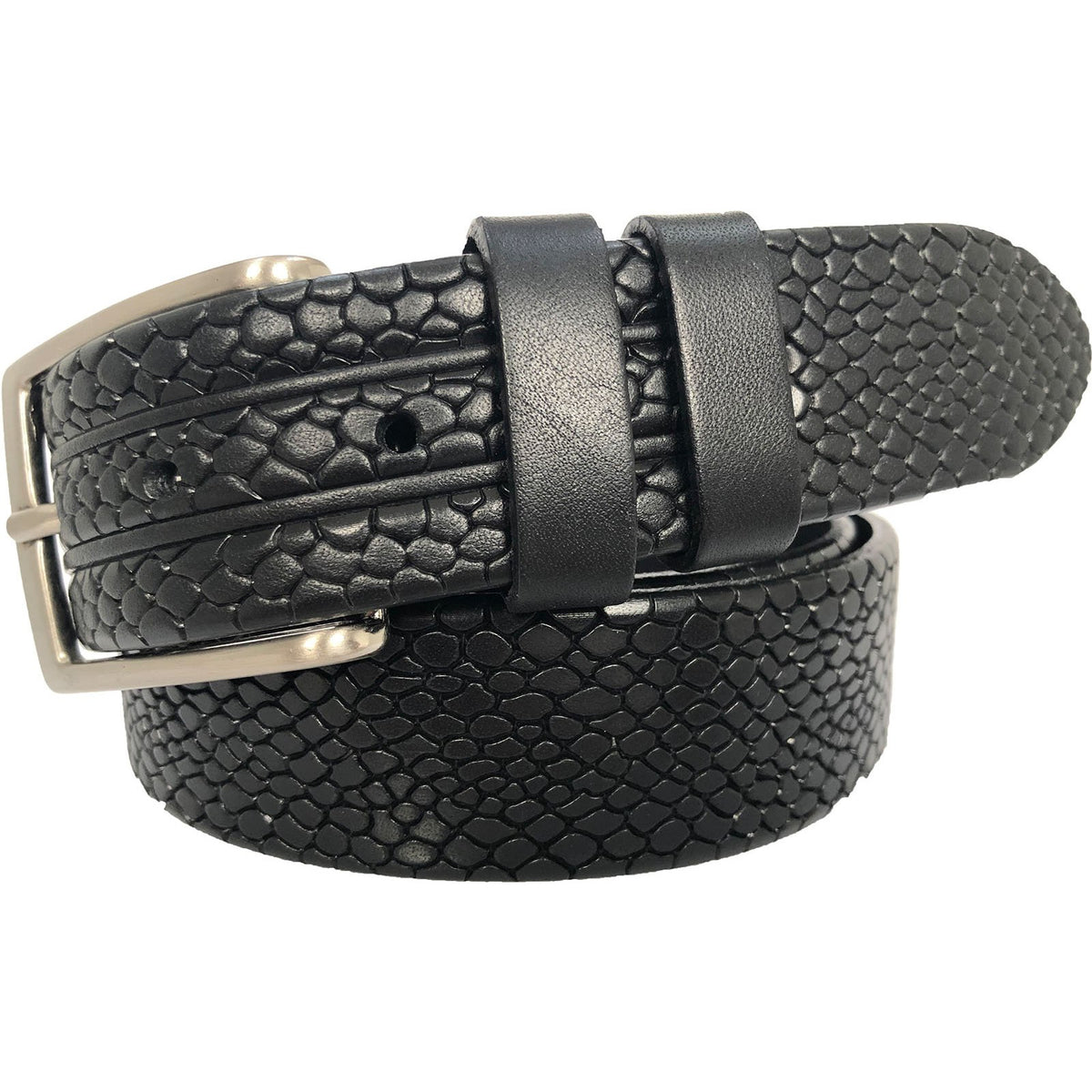 Black 35mm Italian Leather Belt Reptile Print