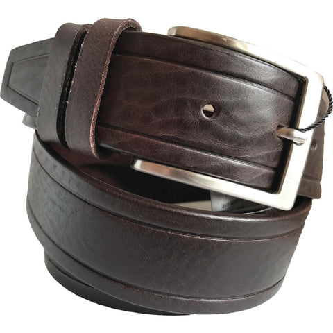 BROWN DIAGONAL TIP EMBOSSED LINE LEATHER BELT