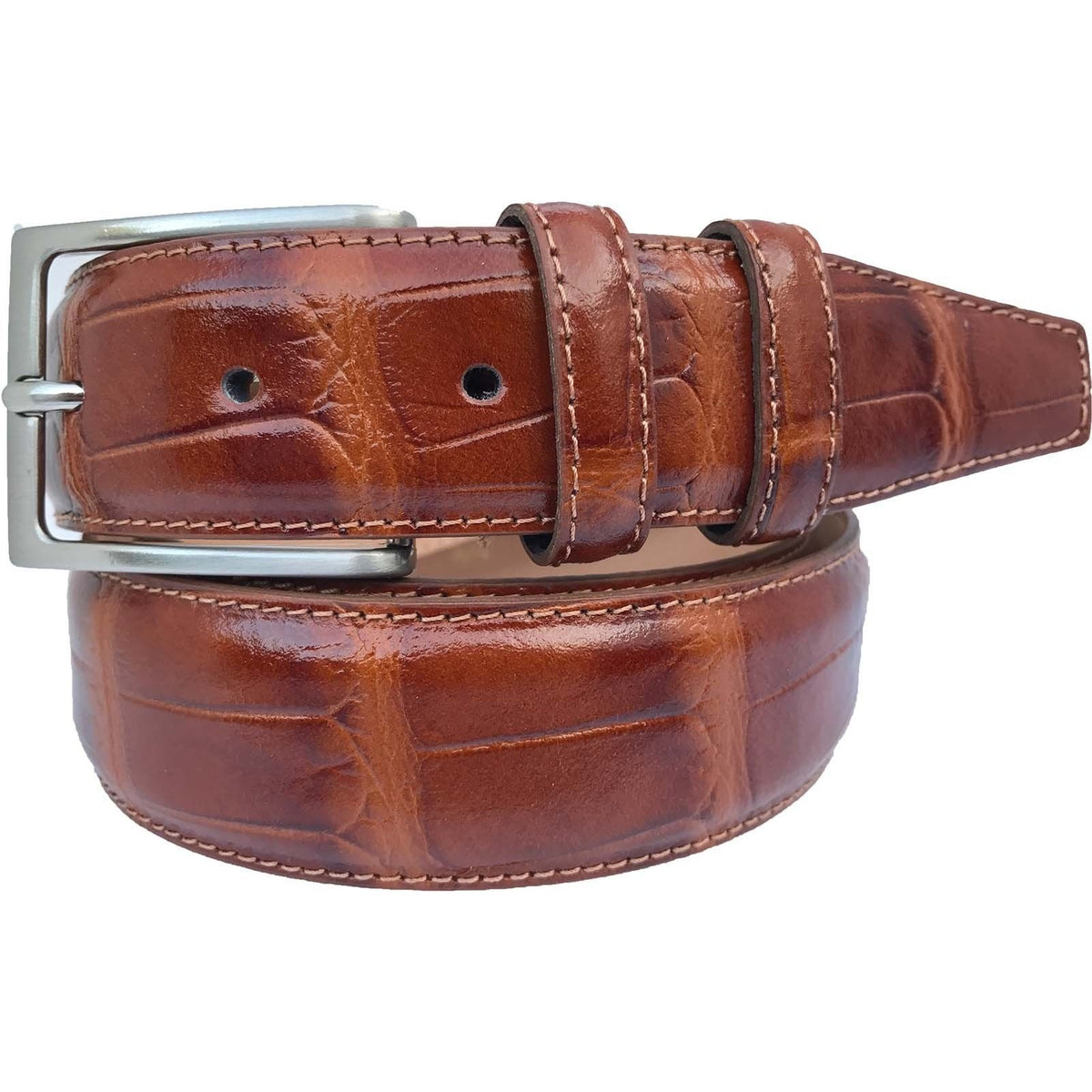 Cognac Tan 35mm Italian Leather Belt Crocodile Print