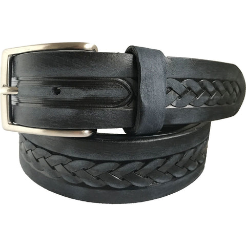 BLACK TWO TONE STONE WASHED BRAIDED 35MM HIDE LEATHER BELT