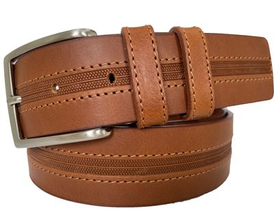 COGNAC TAN 40MM STITCHED LEATHER BELT SQUARE TIP