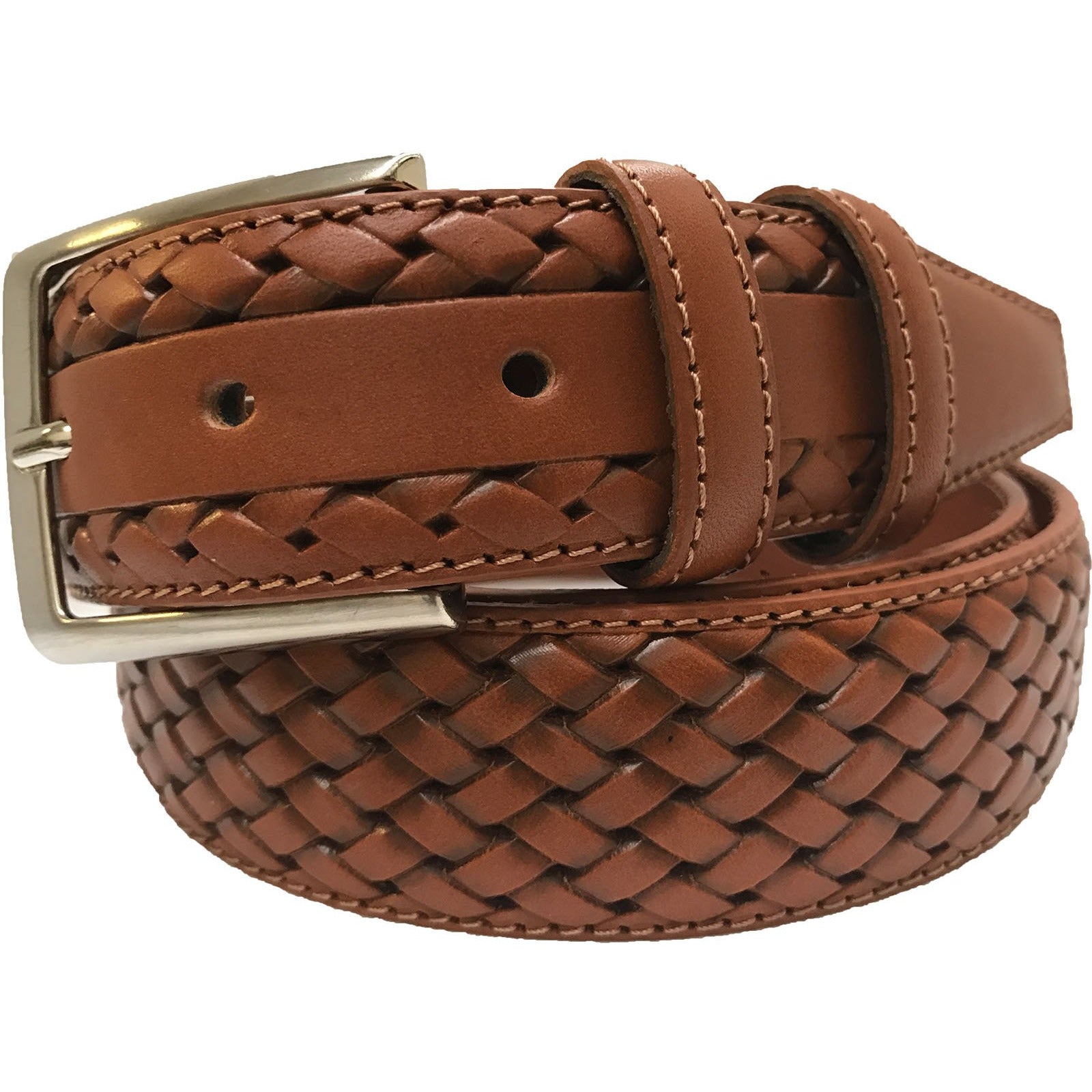 TOBACCO CALF LEATHER WEAVE EMBOSSED 35MM LEATHER BELT