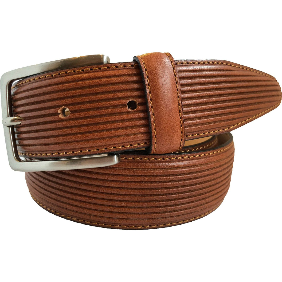Tan 35mm Italian Leather Belt Striped Texture
